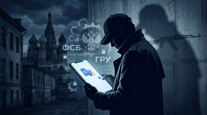 俄罗斯特工使用智能手机的剪影,背景为圣瓦西里大教堂,叠加有FSB与GRU徽章