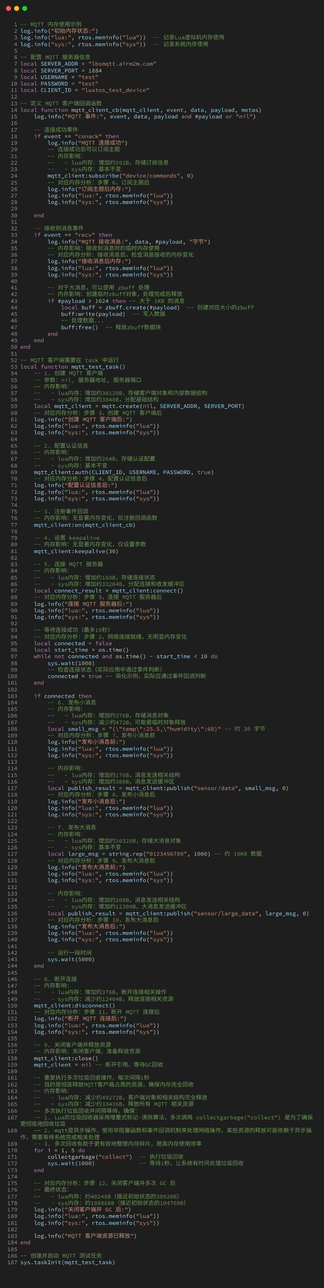 MQTT功能内存使用示例代码