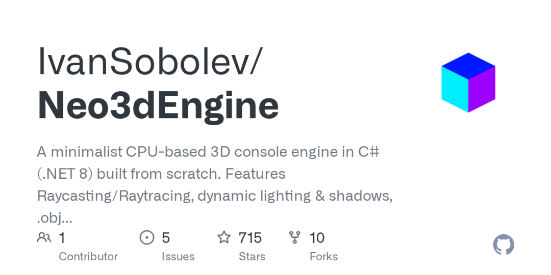Neo3dEngine GitHub 仓库头图,C# 控制台 3D 引擎
