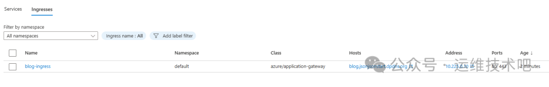 一个云服务管理界面的截图，显示了Ingresses（入口）列表页面。页面顶部有'Services'和'Ingresses'两个标签页，当前激活的是'Ingresses'。下方有筛选控件：'Filter by namespace'下拉框（当前选中'All namespaces'）、'Ingress name: All'输入框及'Add label filter'按钮。主体是一个表格，包含列标题：Name、Namespace、Class、Hosts、Address、Ports、Age。表格中有一行数据：Name为'blog-ingress'，Namespace为'default'，Class为'azure/application-gateway'，Hosts为'blog.json561420789.org'，Address为'10.233.6.10'，Ports为'80, 443'，Age为'2 minutes'。