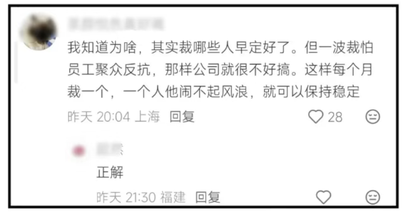 评论区截图显示网友讨论裁员节奏与稳定性