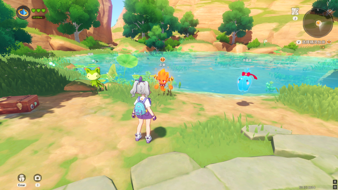 游戏开场画面,玩家正在水边选择自己的初始精灵伙伴