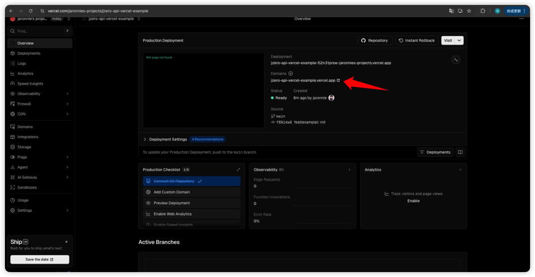 Vercel 部署成功后的概览页面,显示生产域名