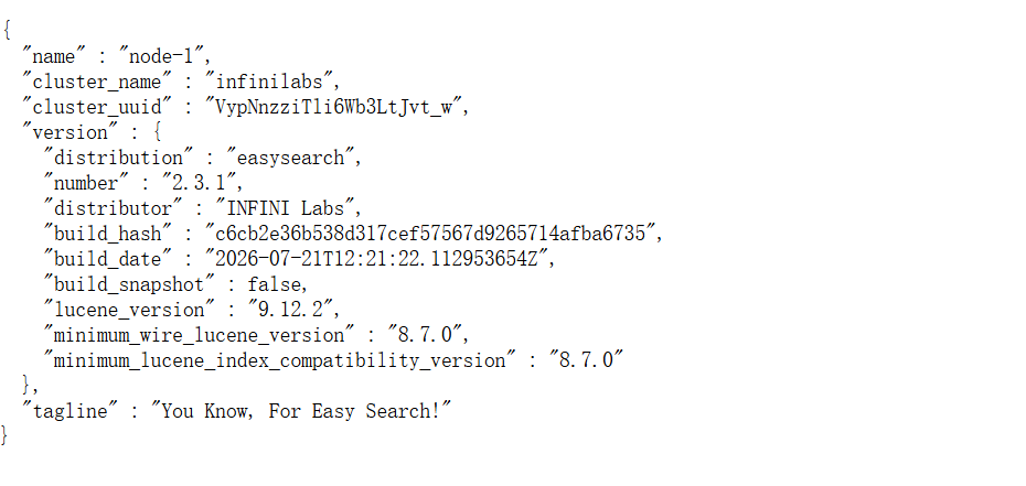 Easysearch API 返回的节点信息 JSON,包含集群名称、版本及 Lucene 版本等详情