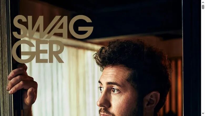 卷发男性侧脸肖像，背景有“SWAGGER”艺术字