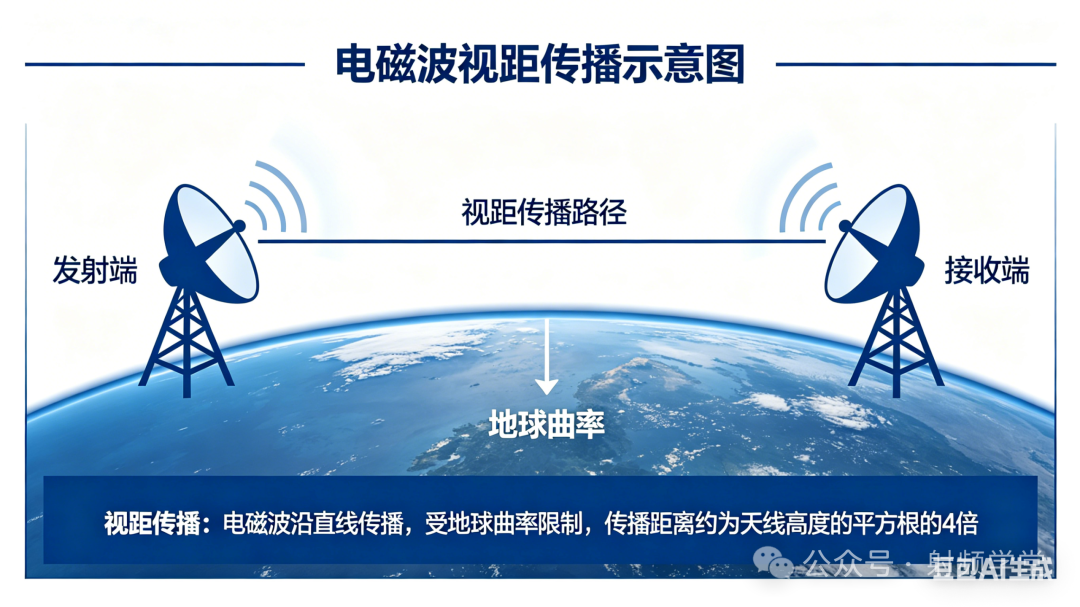 电磁波视距传播示意图，展示发射端、接收端、视距传播路径与地球曲率的关系