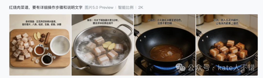 Seedream 5.0 Preview 生成的红烧肉制作步骤图，局部文字有误