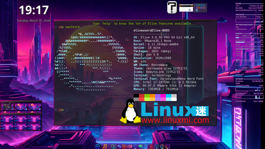 Elive 3.8.50 桌面截图:运行 neofetch 显示系统信息