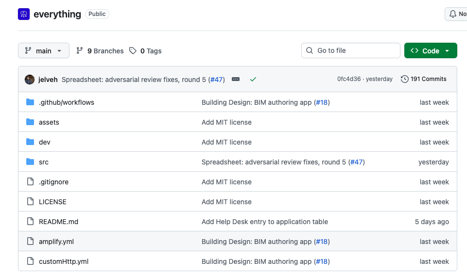 GitHub 仓库 HeyPuter/every 截图:提交记录、分支与文件目录