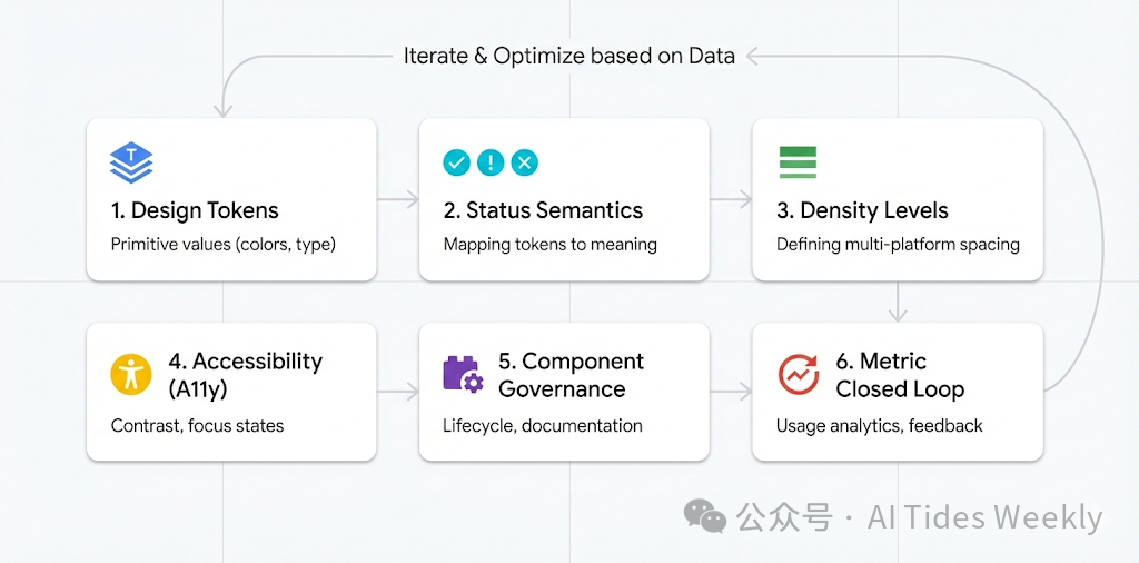 设计系统六步建设与迭代优化流程图