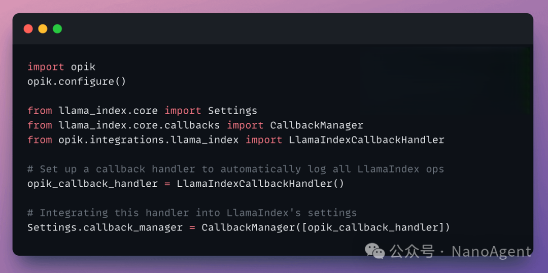 配置Opik与LlamaIndex集成的Python代码截图