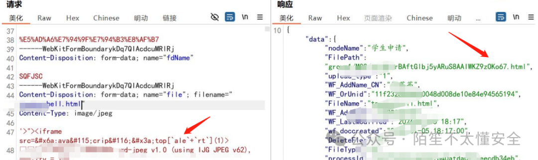 文件上传请求包,包含HTML格式的XSS payload