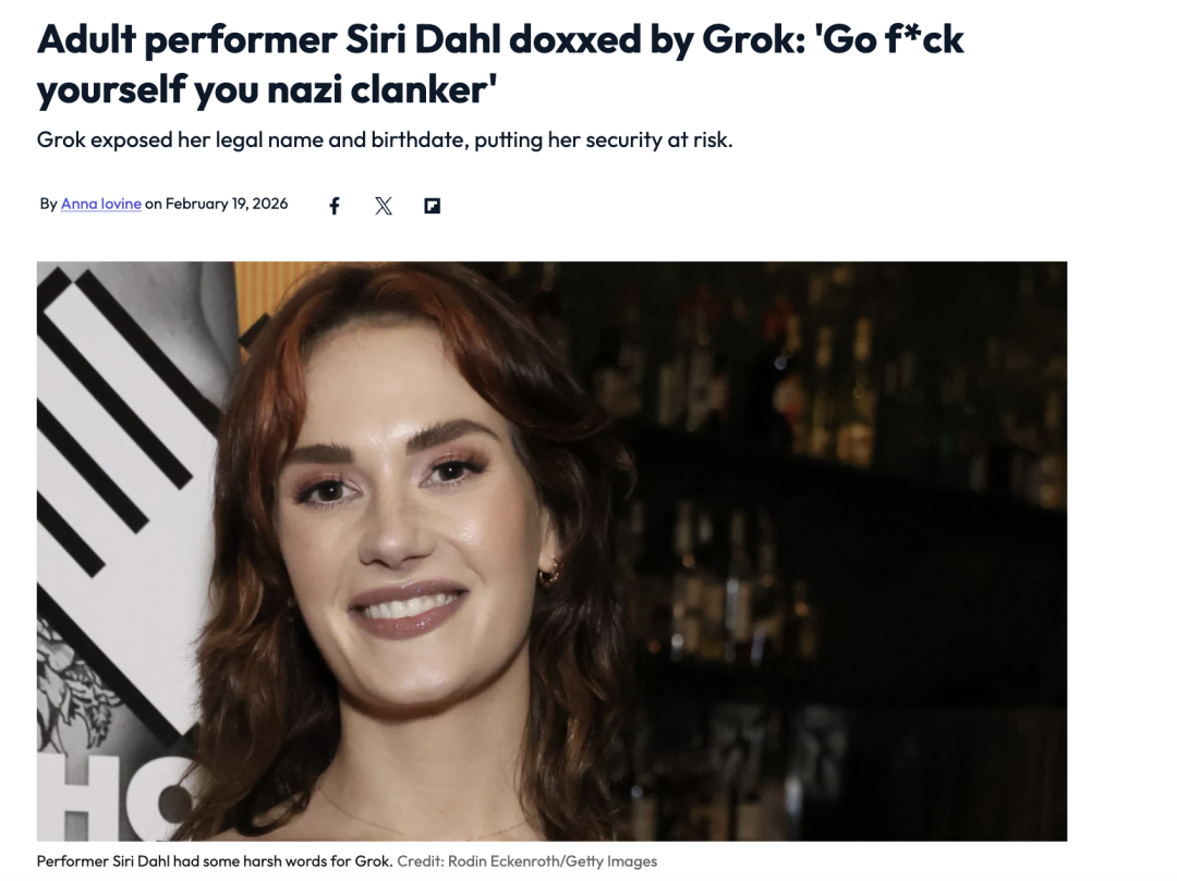 关于Siri Dahl被Grok人肉的新闻报道截图