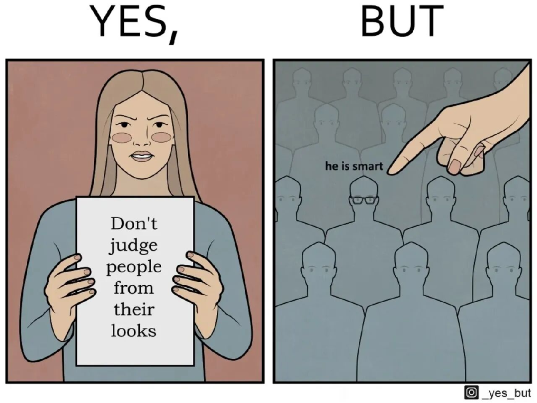 口号不以外貌取人与实际挑选聪明员工的对比漫画