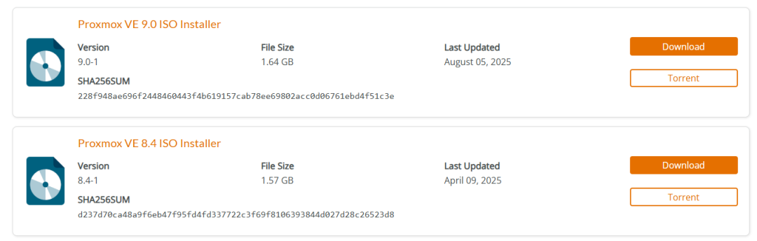 Proxmox VE 9.0 与 8.4 ISO 下载信息
