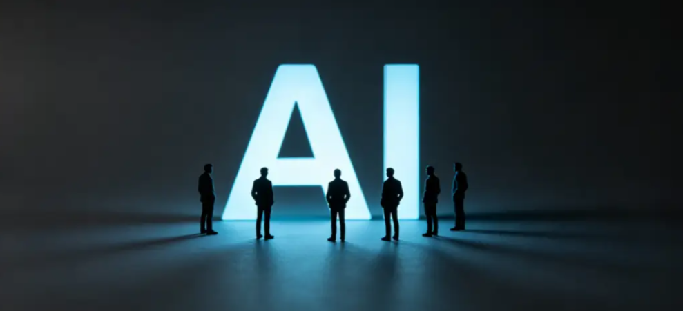 人类剪影面向发光的AI立体字