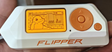 手握白色Flipper Zero设备，屏幕显示卡通狗