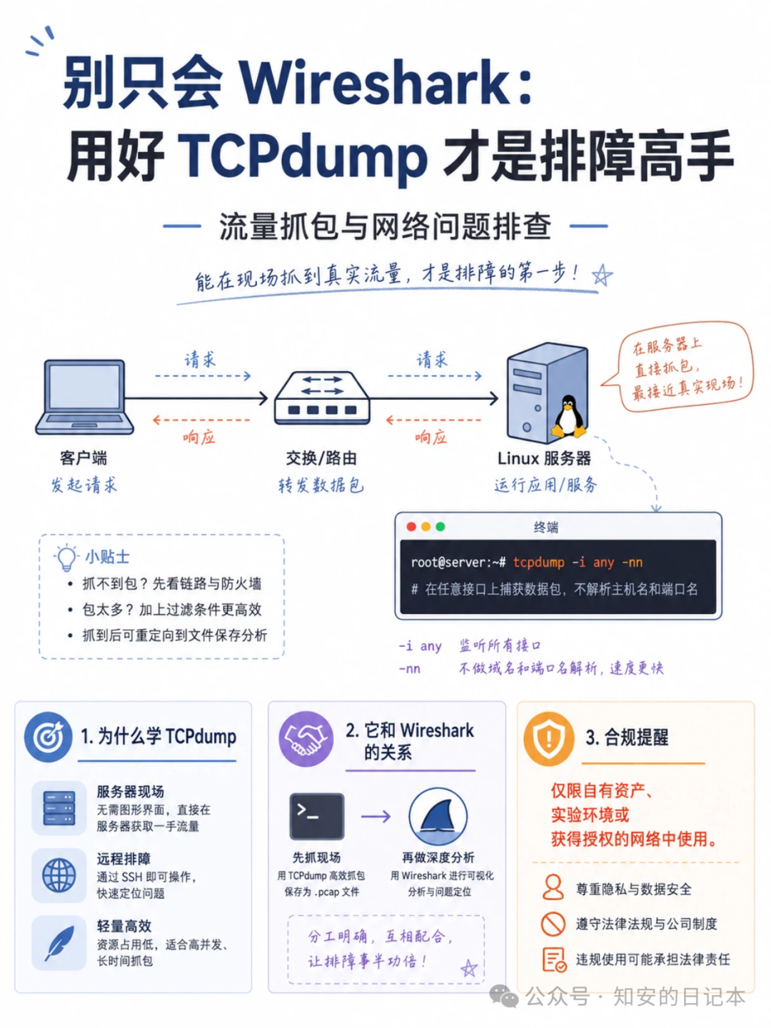 TCPdump 与 Wireshark 分工图