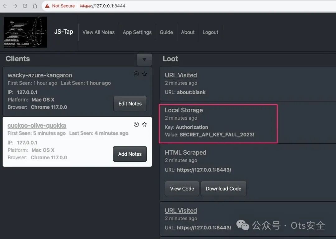 JS-Tap事件流,红框高亮显示从LocalStorage中提取的Authorization Key和对应的令牌值。