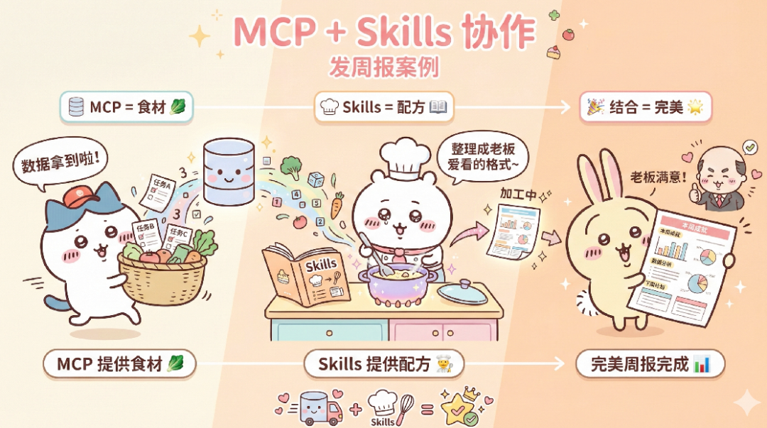 MCP与Skills协作发周报的案例漫画