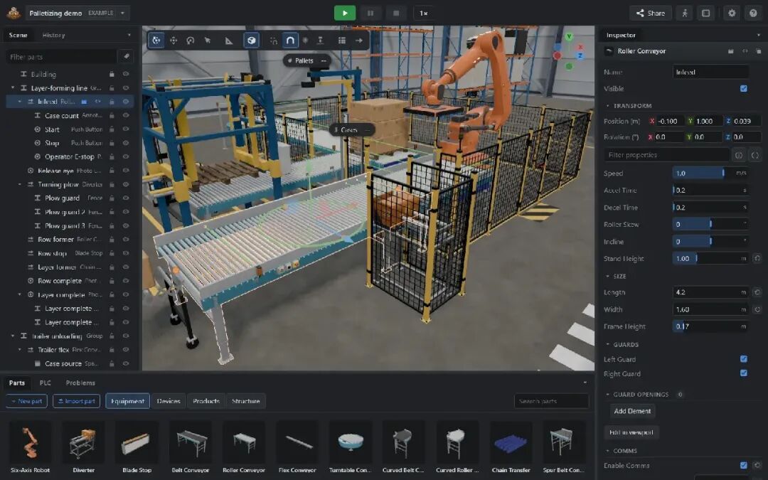 Palletizing demo 编辑器中选中 Infeed 滚筒输送机及属性面板
