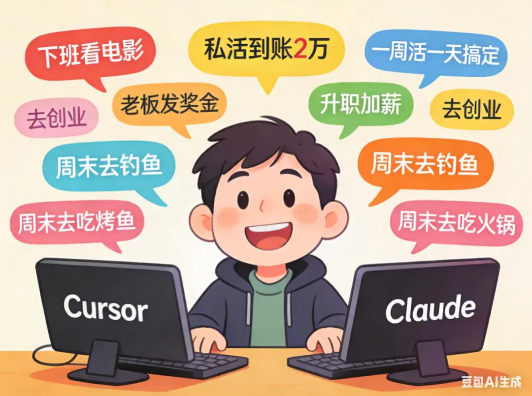 描绘现代程序员利用AI工具高效工作、享受生活的漫画