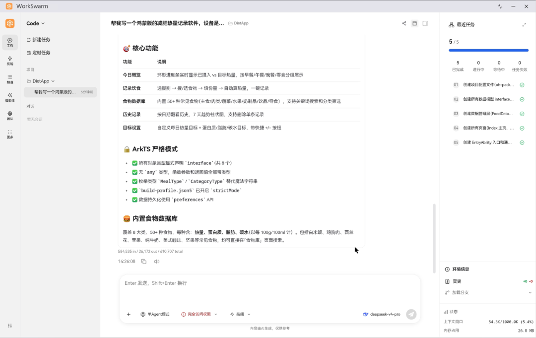 WorkSwarm Code 空间生成鸿蒙版热量记录应用，展示 ArkTS 严格模式与食物数据库