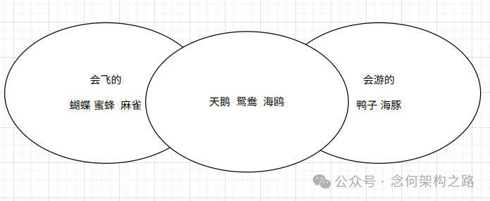 抽象概念维恩图：展示‘会飞的’、‘会游的’及其交集‘天鹅 鸳鸯 海鸥’