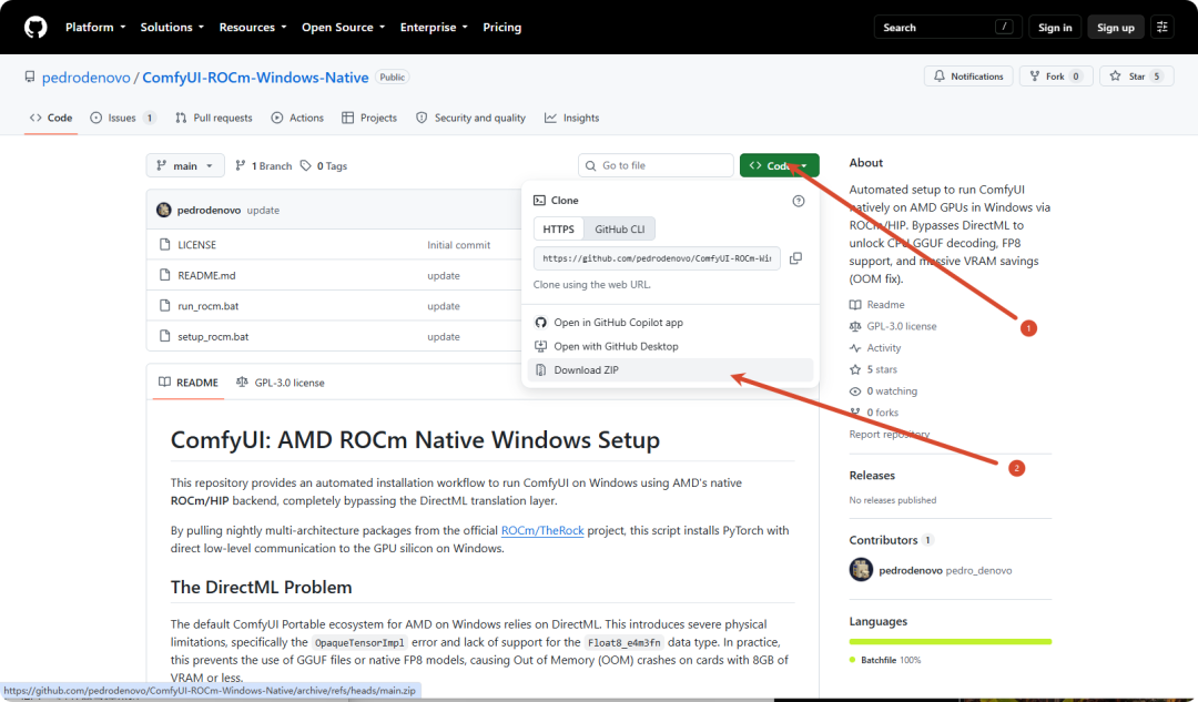 ComfyUI-ROCm-Windows-Native 仓库 Download ZIP