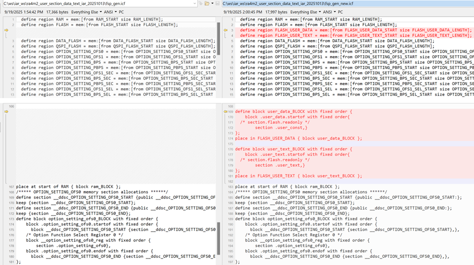 IAR fsp_gen_new.icf 新增FLASH_USER_DATA/TEXT与user_data/user_text块