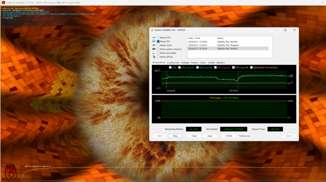 电脑屏幕显示Geekbench及AIDA64稳定性测试界面，包含温度与CPU使用率图表