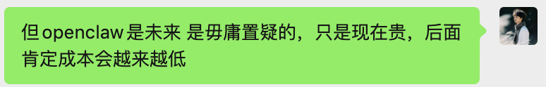 关于OpenClaw是未来但现阶段成本高的聊天截图