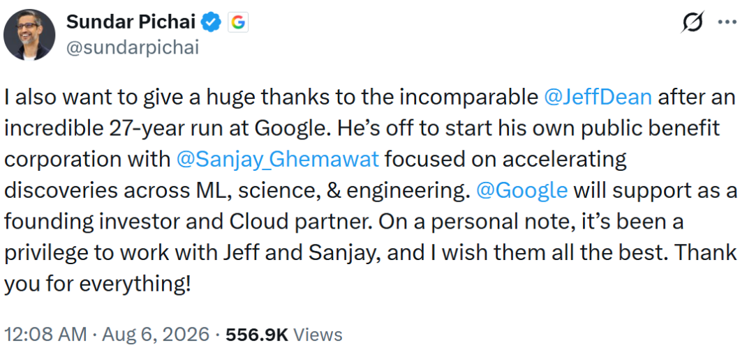 Sundar Pichai 感谢 Jeff Dean 的推文截图