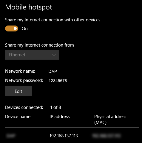 Windows 移动热点设置界面，显示热点已开启
