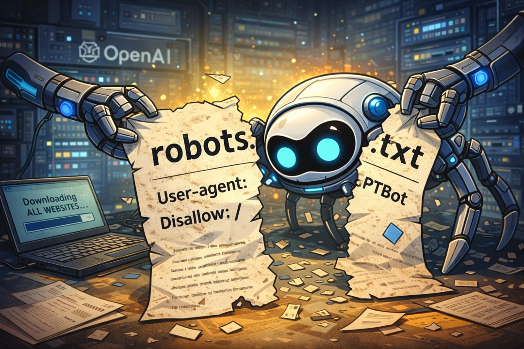科幻插画：机器人撕毁写着robots.txt协议的纸张