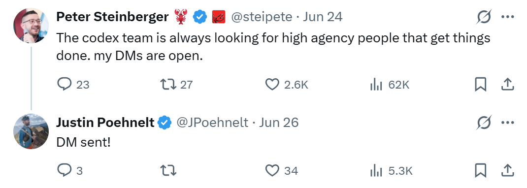 Justin Poehnelt 回复“DM sent!”及 Peter Steinberger 的邀请互动