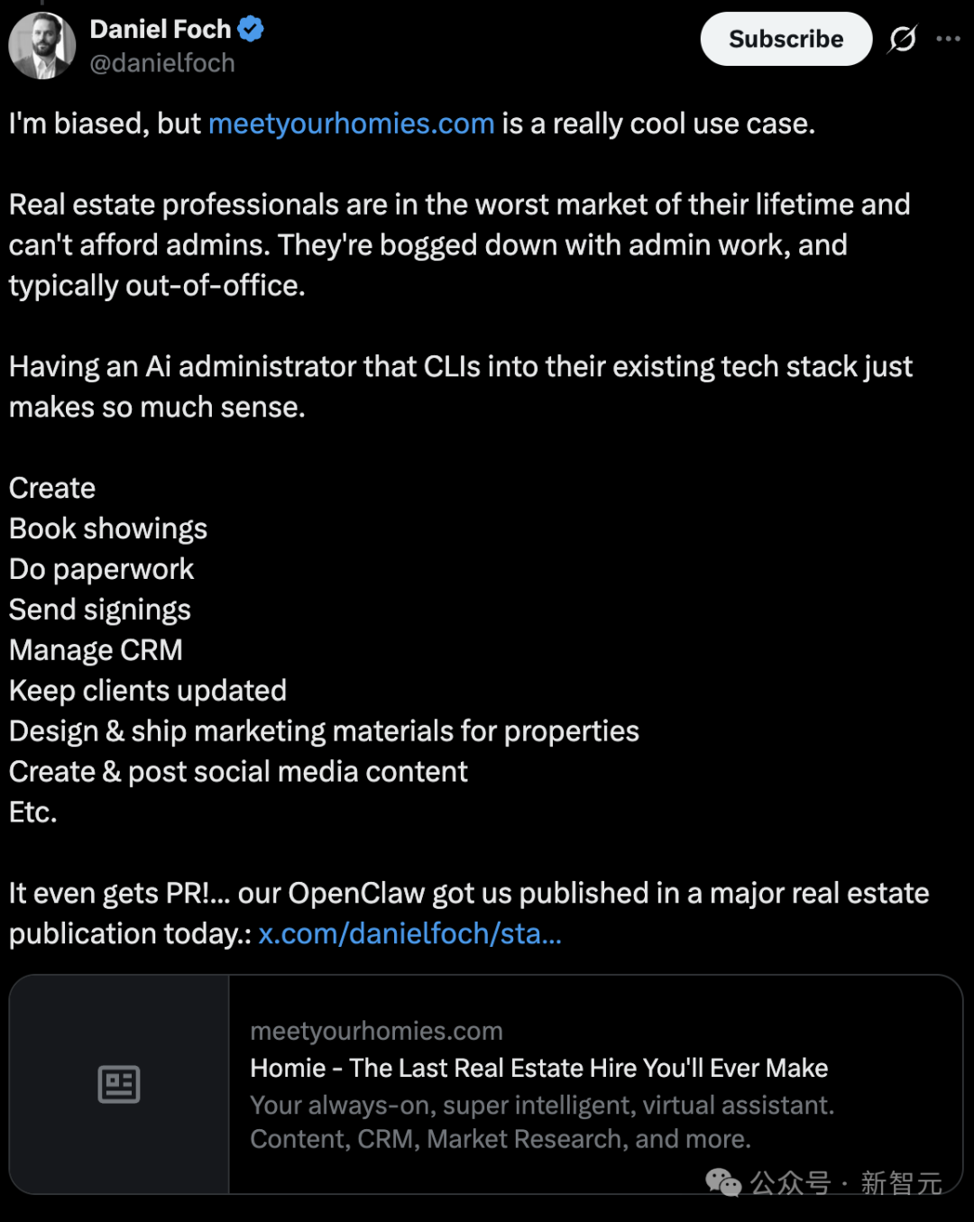 Daniel Foch 介绍其房地产AI助手业务的推文截图