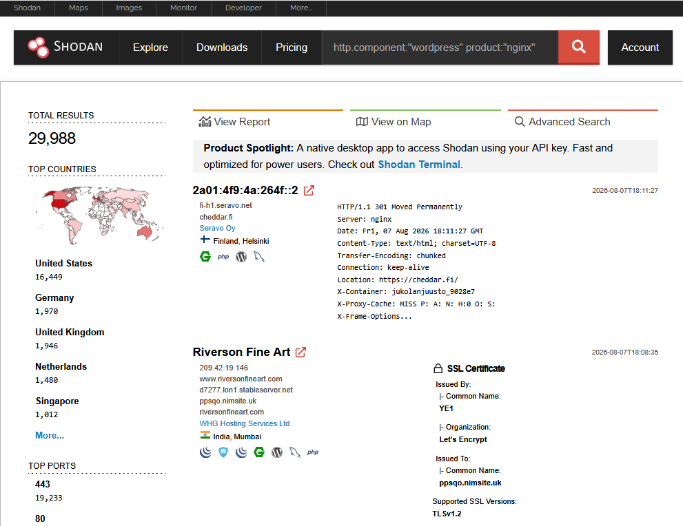 Shodan 搜索结果,过滤条件为 WordPress 和 nginx
