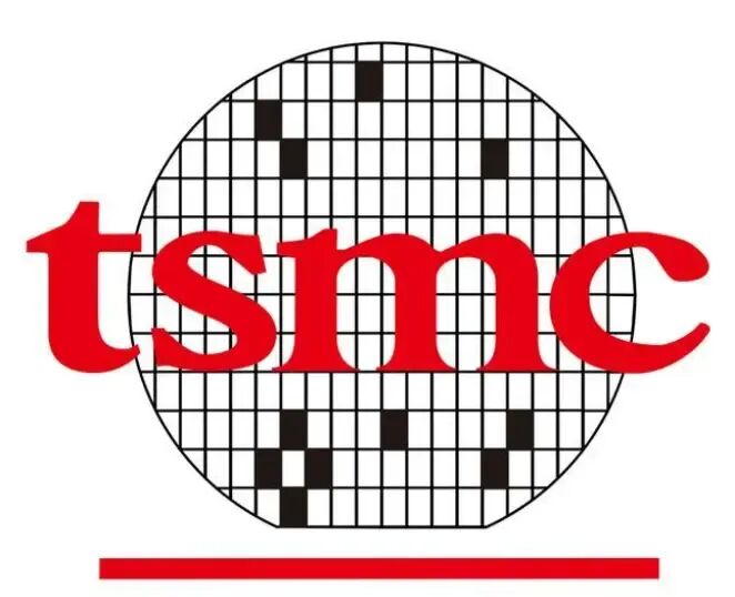 台积电（TSMC）品牌标识，红字粗体字母横跨在黑白网格圆形图案前，下方有一道红色横线