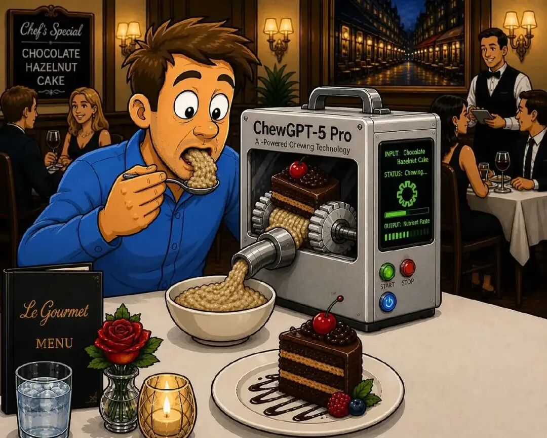 ChewGPT把美食变成营养糊的讽刺漫画