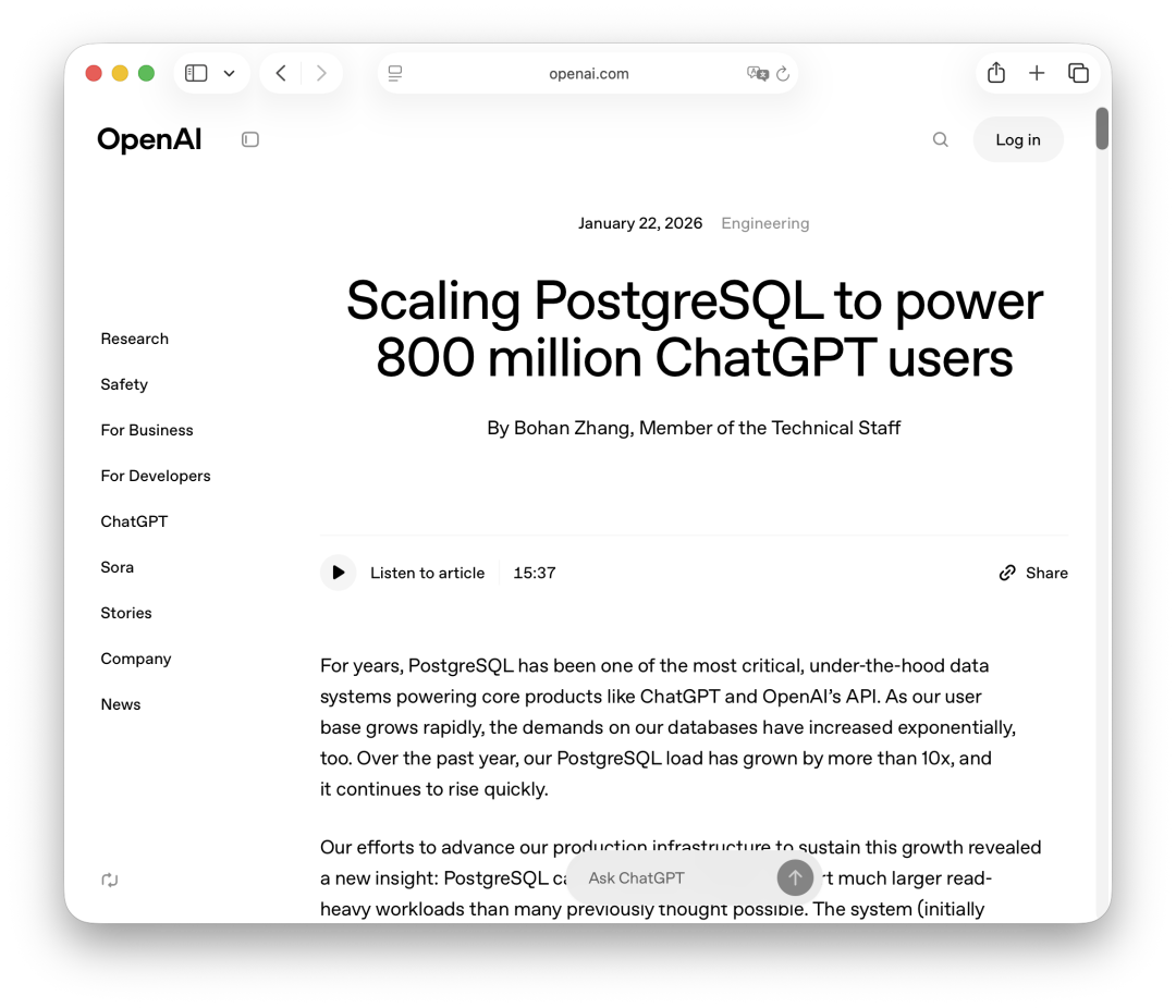 OpenAI 官方博文截图，标题为“Scaling PostgreSQL to power 800 million ChatGPT users”