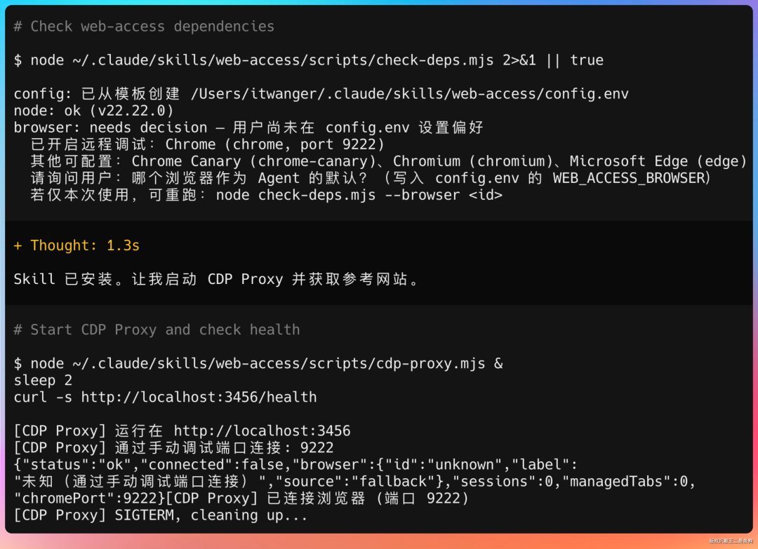 检查依赖并启动 CDP Proxy 代理服务