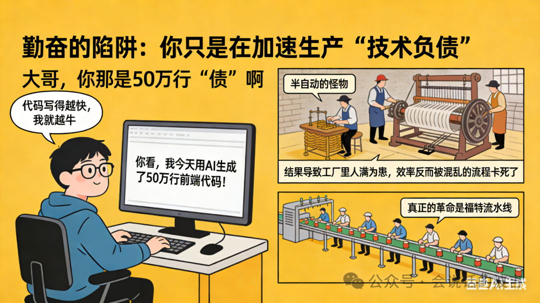讽刺程序员因AI快速生成代码而陷入技术负债的漫画