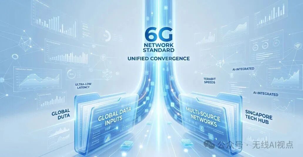 6G网络标准统一融合概念图,展示全球数据输入、多源网络、超低时延、太比特速度和AI集成等关键特性。