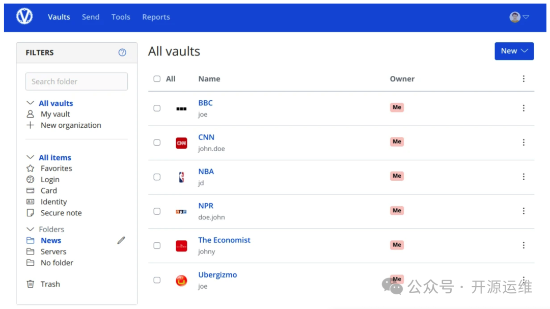 Vaultwarden 文件夹与条目管理界面