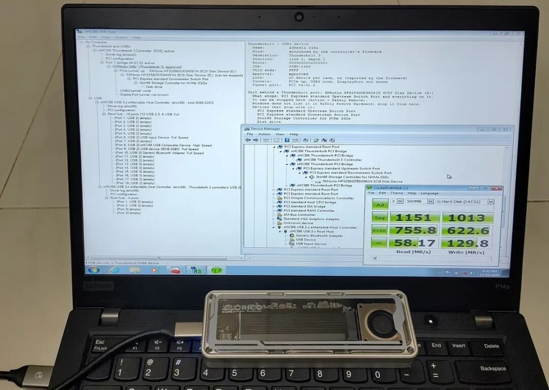 Windows 7 下 USBView 与 CrystalDiskMark 显示顺序读写超过 1000MB/s