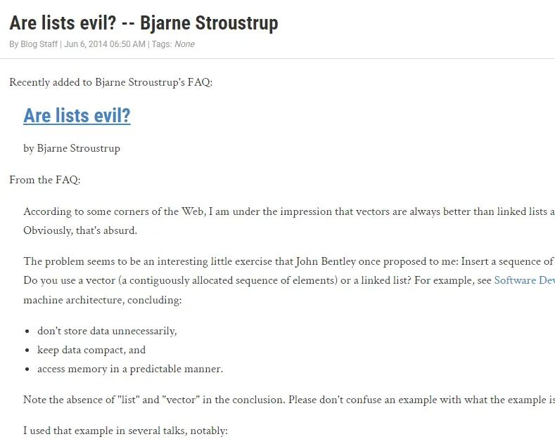 C++之父Stroustrup关于链表问题的FAQ截图