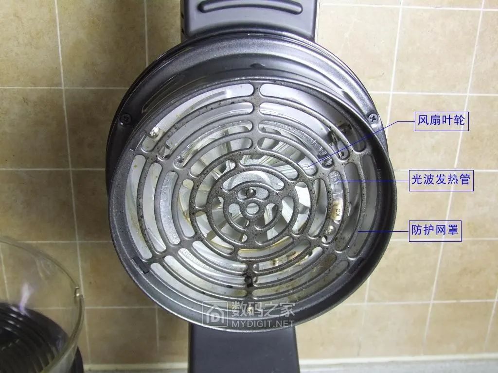 空气炸锅加热系统组成：风扇叶轮、光波管、防护罩