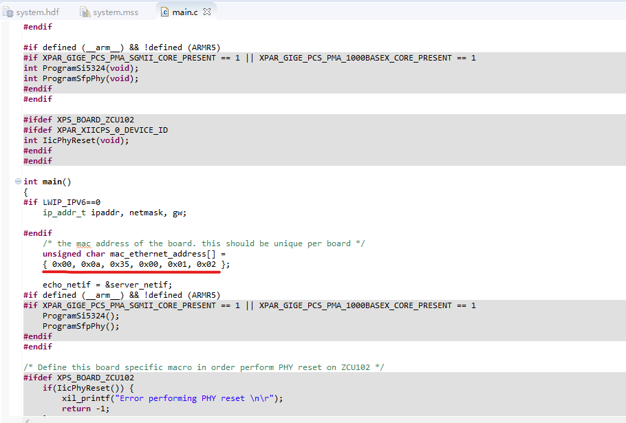 main.c 源码中的 MAC 地址定义