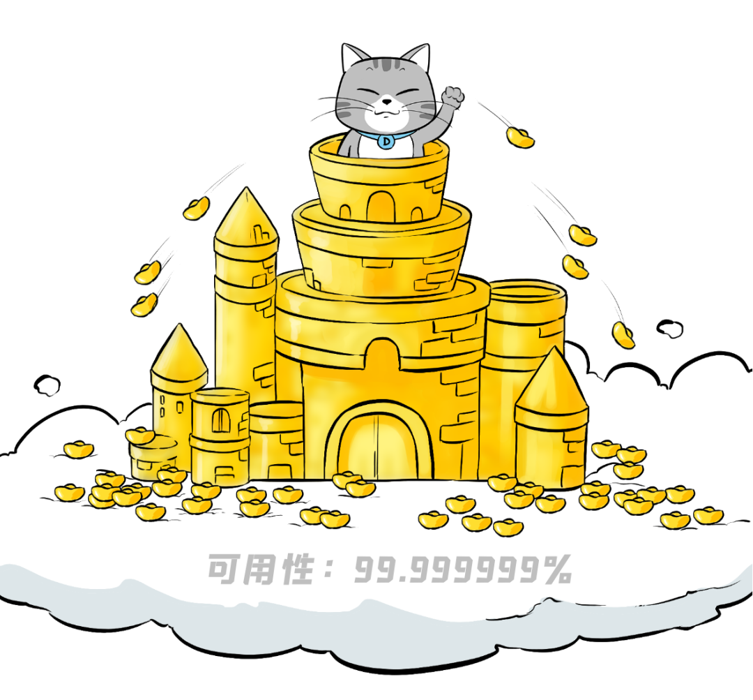 卡通插画：猫坐在云端城堡，标注“可用性：99.999999%”